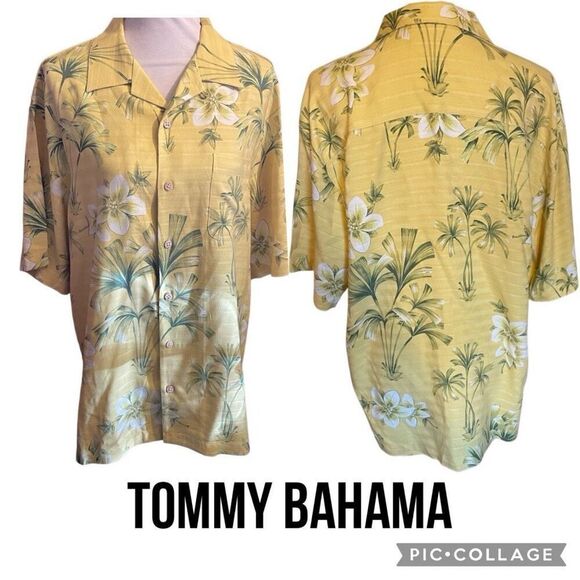 Tommy Bahama Men’s Medium Silk Hawaiian Shirt Yellow Palm Floral Island Aloha Ca - Picture 1 of 9